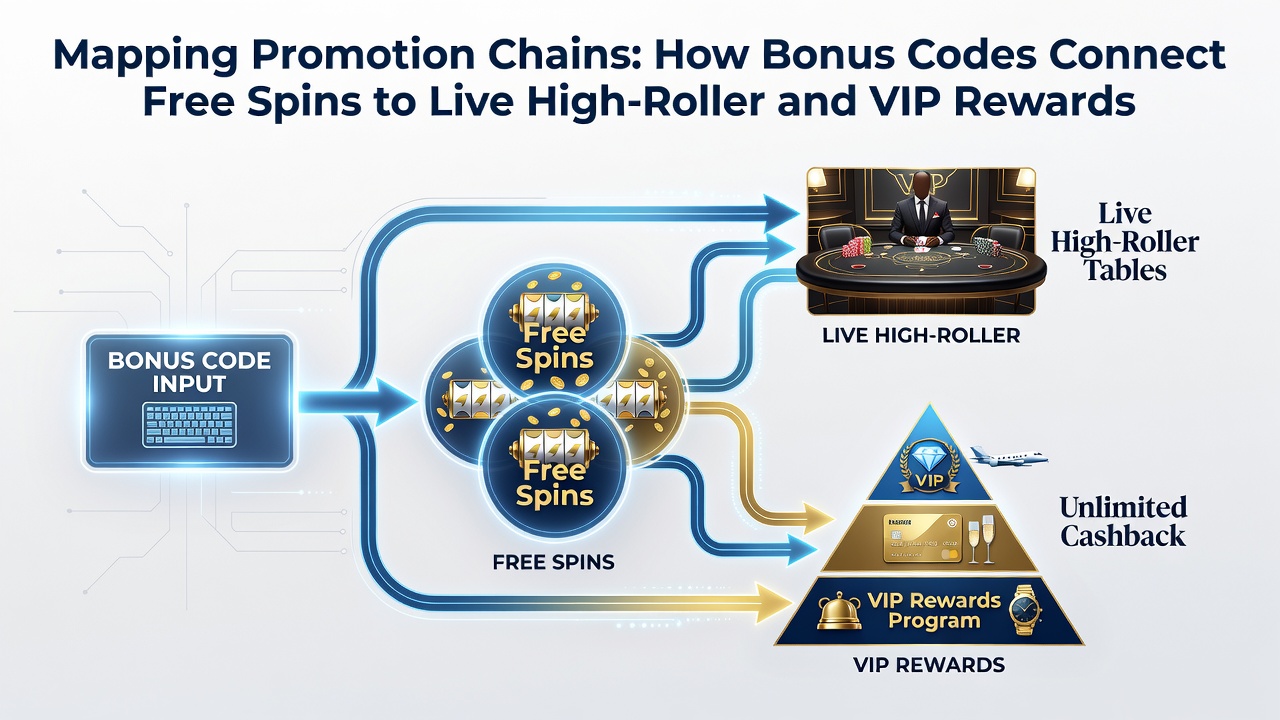 Schema van promotie ketens met gratis spins en VIP live beloningen in mobiele casino apps