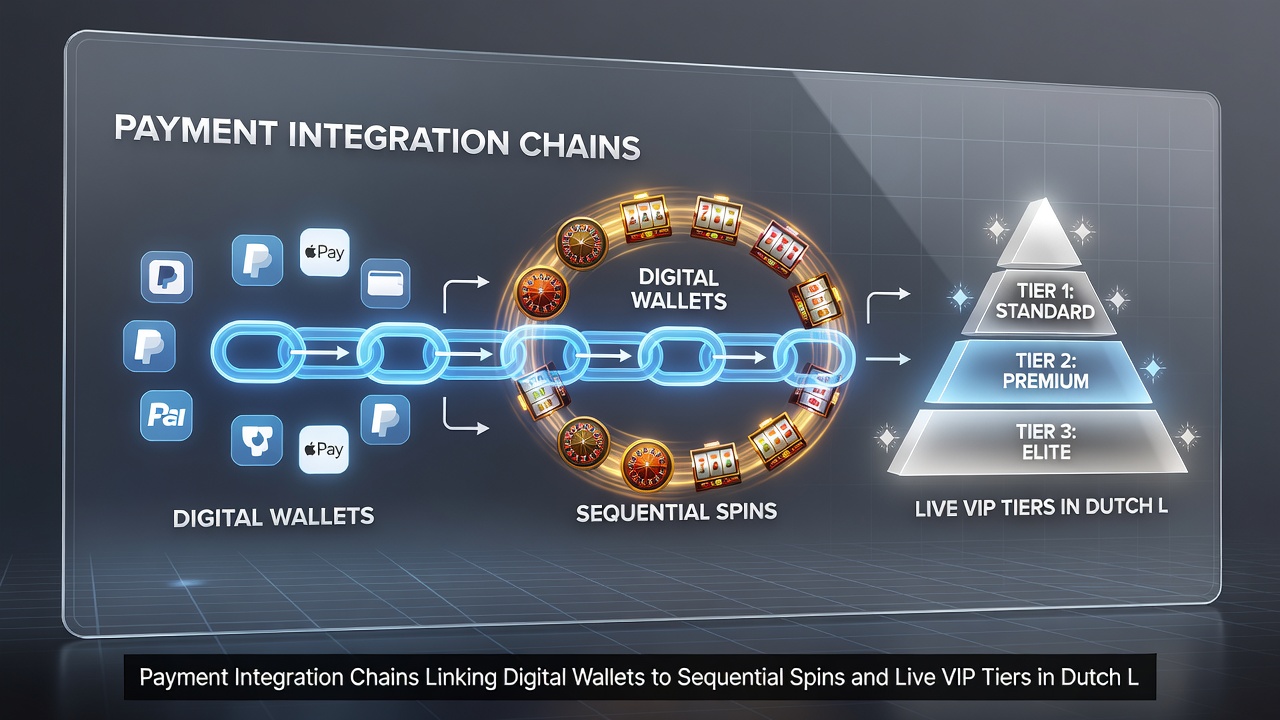 Diagram van wallet-integratie met VIP-lagen en spins in Nederlandse gokplatforms