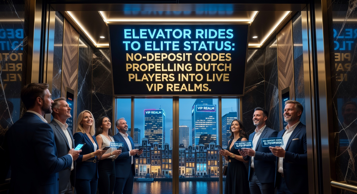 Grafische weergave van een lift die spelers van basisniveau naar VIP-status in een live casino brengt, met Nederlandse vlag en bonuselementen