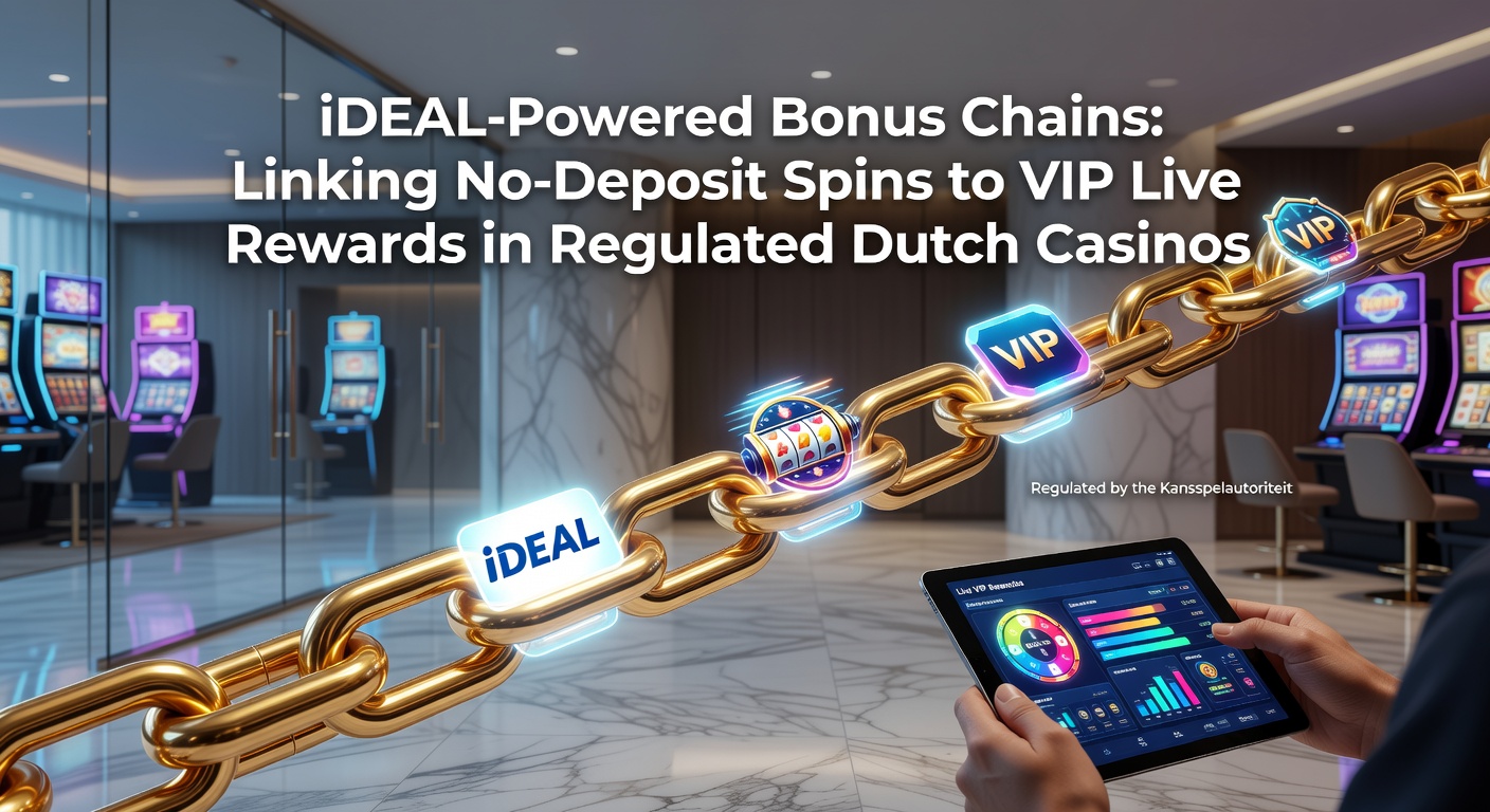 Grafische weergave van een bonusketen met iDEAL-betalingen, no-deposit spins en VIP live casino rewards in een Nederlands casino-omgeving