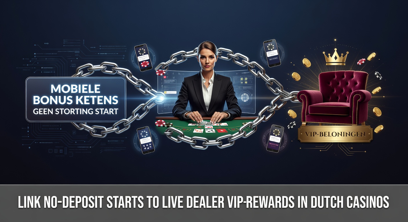 Mobiele interface van een Nederlands online casino met no-deposit bonus activerend op een smartphone-scherm, leidend naar een keten van rewards
