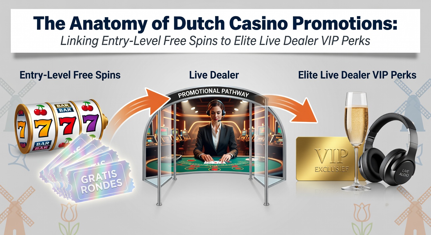Grafische weergave van een promotieketen in Nederlandse online casinos, met pijlen die free spins verbinden met VIP live dealer perks